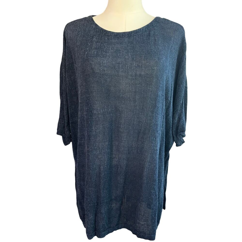 Pure Jill Top Med Boho Whimsical Goth Blue Denim Fade Linen Blend Oversized Chic
